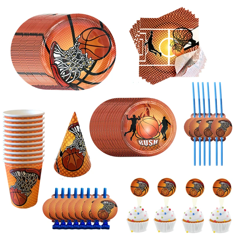 

Sports Basketball Theme Games Party Decoration Plates Cups Napkins Straw Banner Kids Boy Happy Birthday Party Tableware Supplies