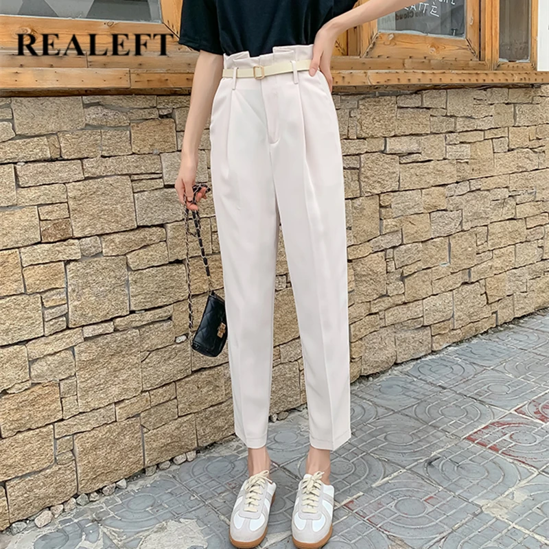 

REALEFT Spring 2020 New Korean OL Style Women Formal Harem Pants with Belt High Waist Elegant Office Lady Ankle-Length Bud Pants
