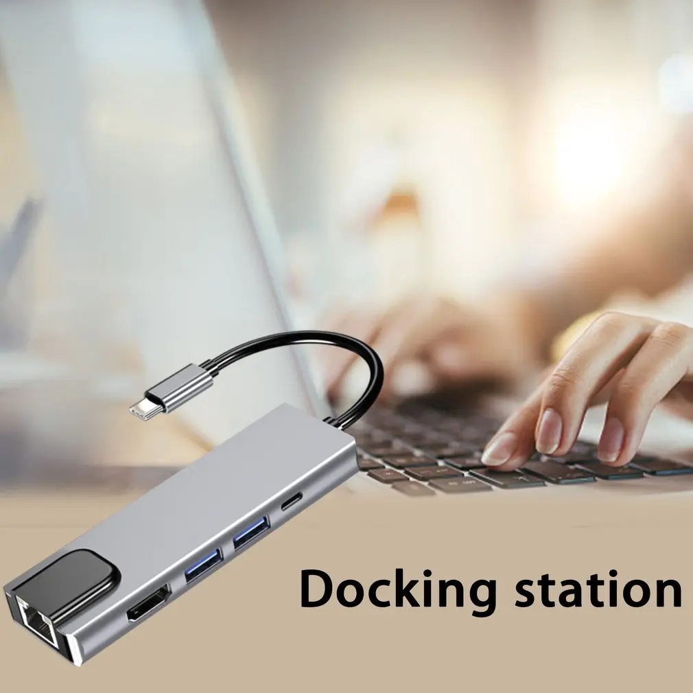 

5 in 1 Docking Station TypeC To USB3.0x2+HDMI+PD+Gigabit LAN Multifunctional Split Line Card Reader Hub