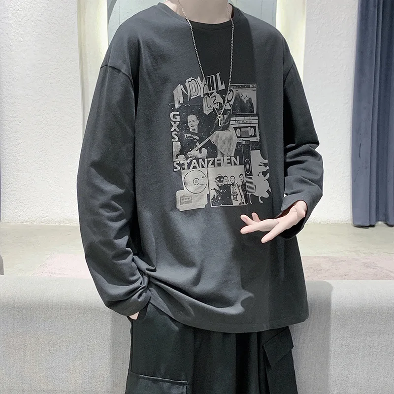 

2021 Long sleeve t-shirt men's fashion brand spring oversize loose round neck t-shirt men's top with bottom coat 4402