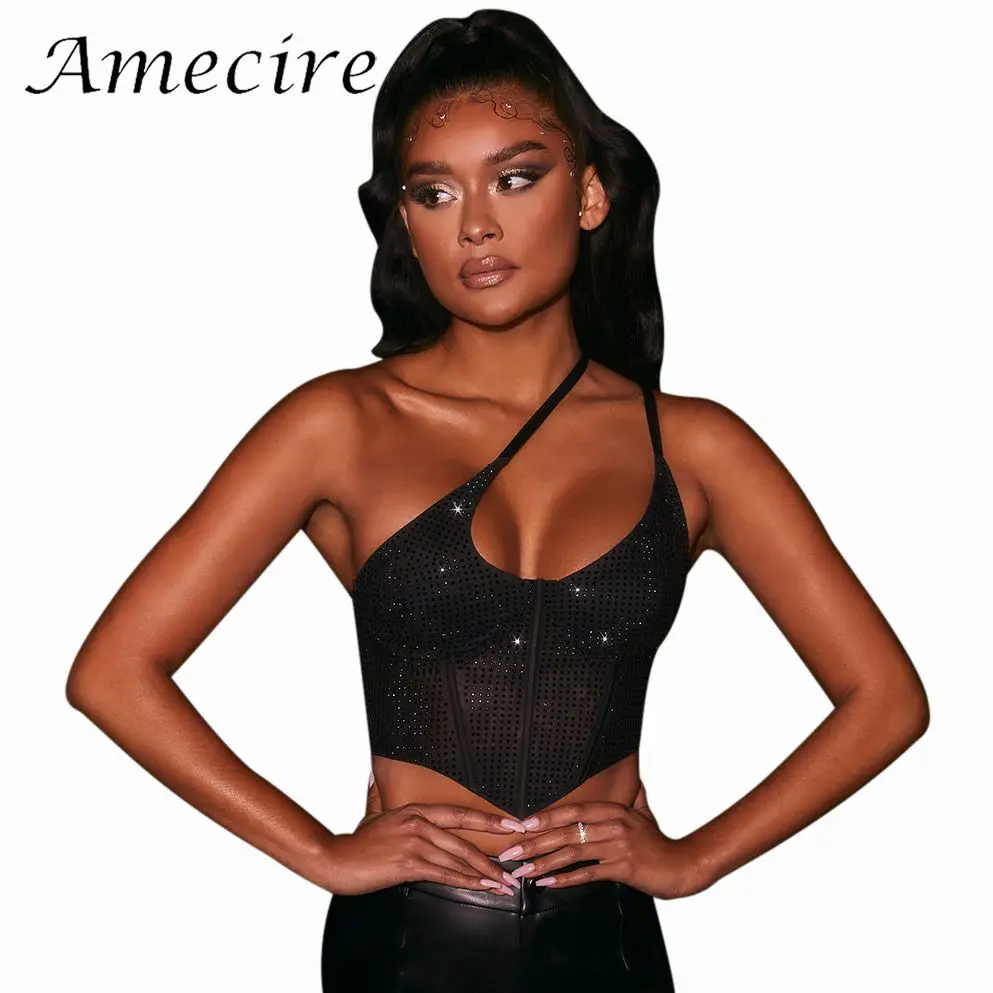 

Amecire Регулируемый Стразы корсет на одно плечо Повседневный Топ для женщин 2021 Rave майки Camis Женская Летняя одежда топы для девочек