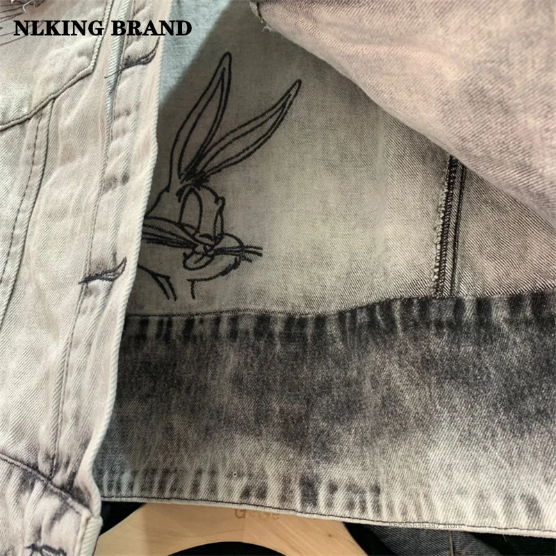 

Street Fashion Brand Personality Denim Women's Spring 2021 Embroidered Graffiti Slim Lapel Long-Sleeved Cardigan Short Jacket