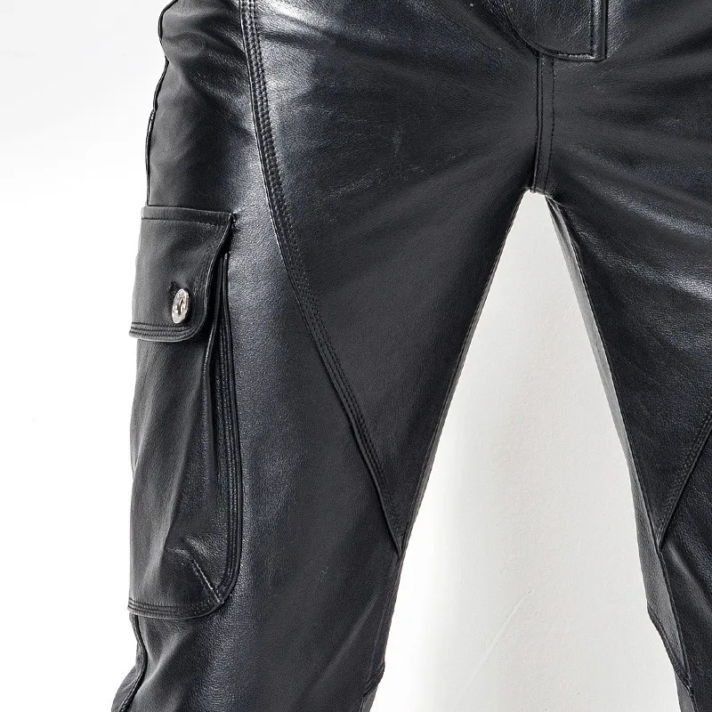 Euro Brand New Motorcycle Mens Cowhide Full Length Trousers Slim Pockets Genuine Leather Windproof Fashion Male Pencil Pants | Мужская