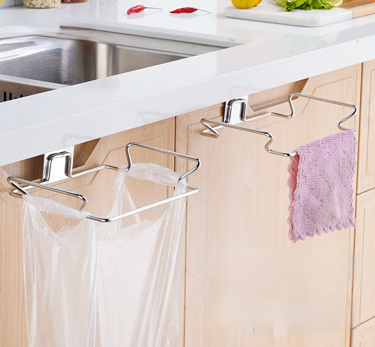

Multifunctional kitchen stainless steel trash bag holder storage rack cabinet door back hangable trash rack organizer kitchen