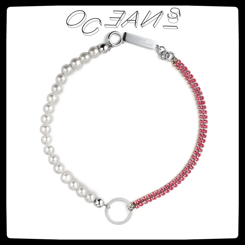 

SexMara 20FW New Necklace Temperament Female Clavicle Chain Pink Crystal Pearl Ceramics Choker Necklace For Women Girls Jewelry