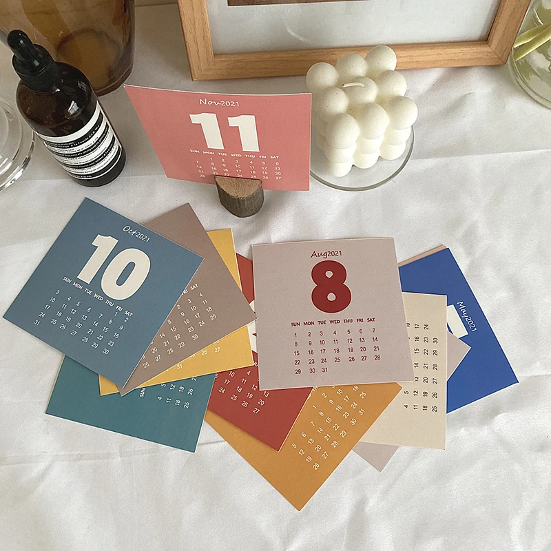 

12 Sheets Morandi Retro 2021Calendar Postcard Decoration Card Set Simple Art Bedroom Wall Photo Props Stationery Office Supplies