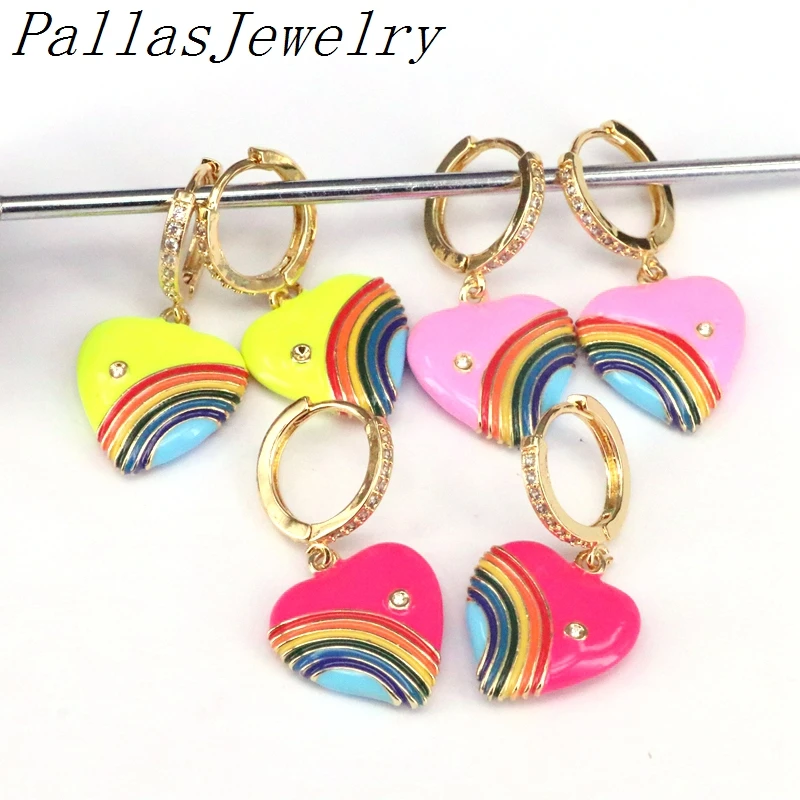

5Pairs Fashion Rainbow Enamel Dangle Earrings for Women Gold Color Heart Earring CZ Jewelry