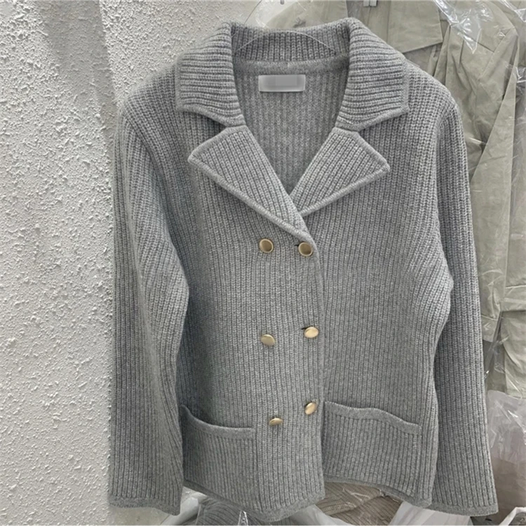 

Knitted Turn-down Collar Button Cardigans Autumn Winter Double Breast Pockets Knitwears 2020 Women's Sweaters