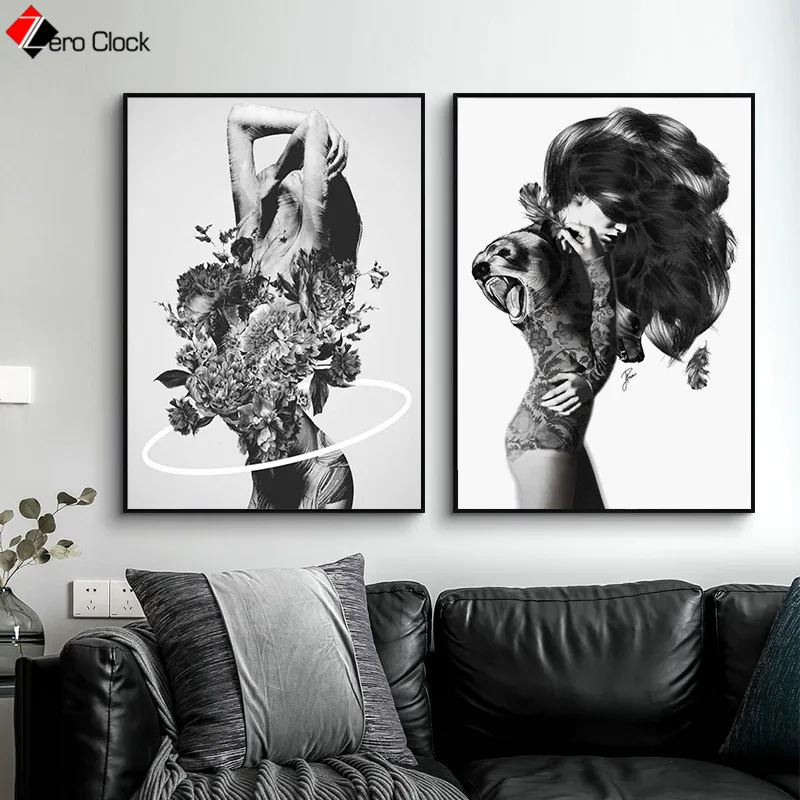 Черно-белый абстрактный женский цветочный постер украшение стены искусства
