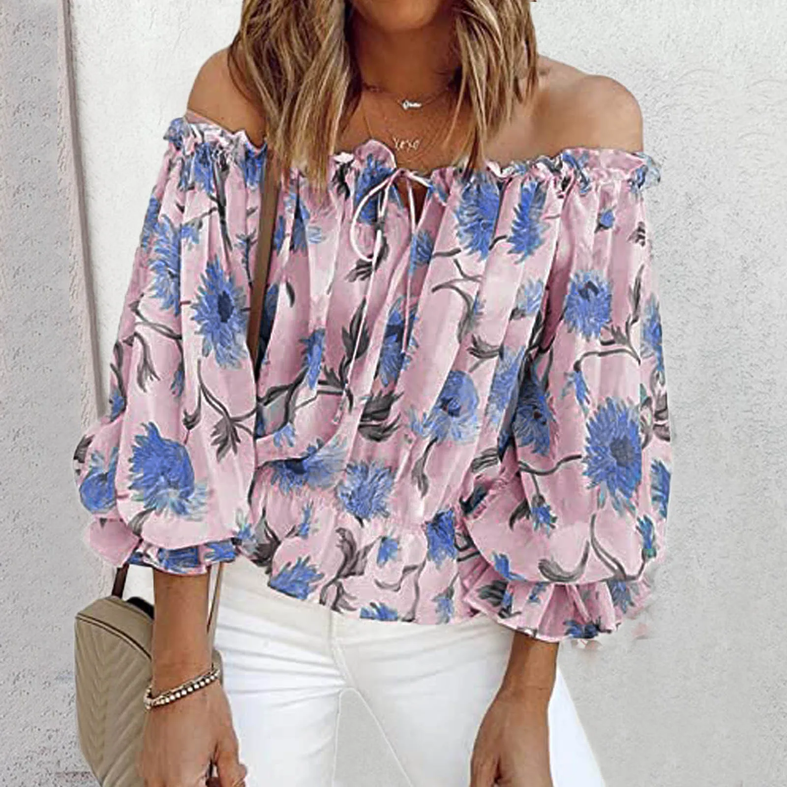 

Summer Chiffon Blouse Long Sleeve Flower Printed Off Shoulder Tops Plus Size Elegant Blouse Woman 2021 Casual Tops