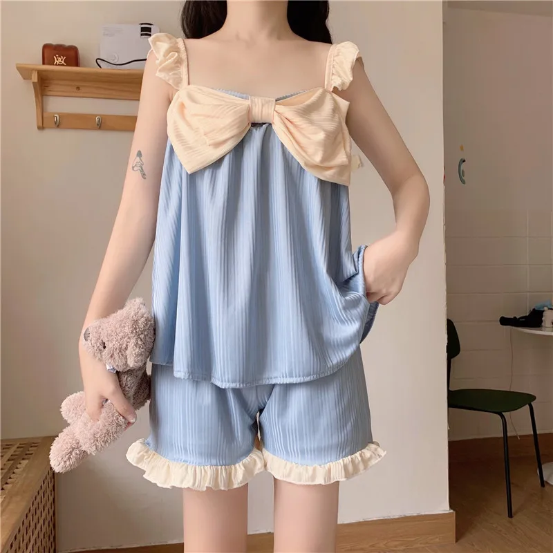 Pajama Set Pullovers Sleeveless Patchwork Bow Ruffles Design Kawaii Shorts Students Summer Sleep Wear Chic Ulzzang Wedding Bride