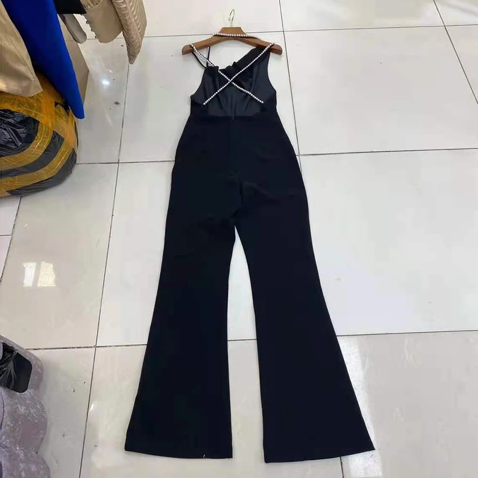 

2021 New Women'S Fashion Black Sexy V-Neck Halter Sleeveless Beaded Jumpsuit Bodycon Celebrity Club Party Jumpsuit