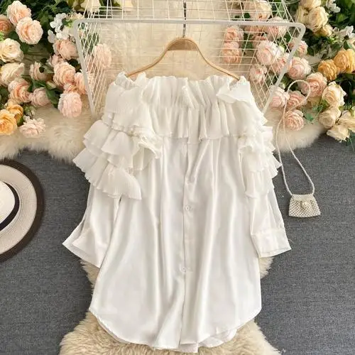 

Women's Autumn Blouse European Pleated Ruffled Slash Neck Puff Sleeve Shirts Chiffon Female Tops Blusa