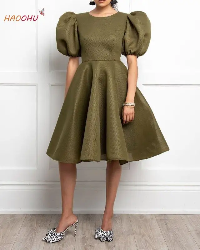 

Lantern Short sleeve Pleated Midi Dress Solid Color Temperament Commuter Slim Women O-Neck HAOOHU Elegant Office Loose Zipper