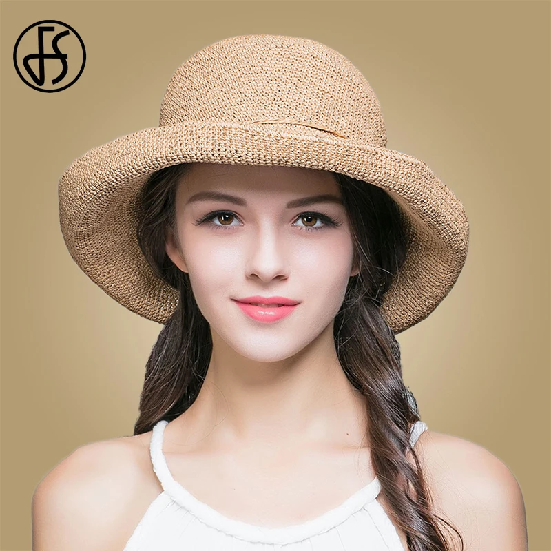 Женская соломенная шляпа FS складывающаяся пляжная с широкими полями летняя 2020 |