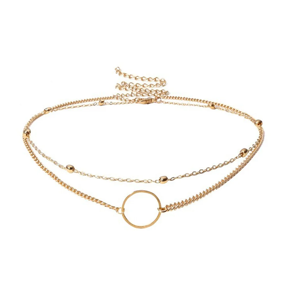 

2021 New Fashion Simple Alloy Jewelry Fashion Classic Double Bead Chain Hollow Circle Pendant Gold Silver Necklace for Women