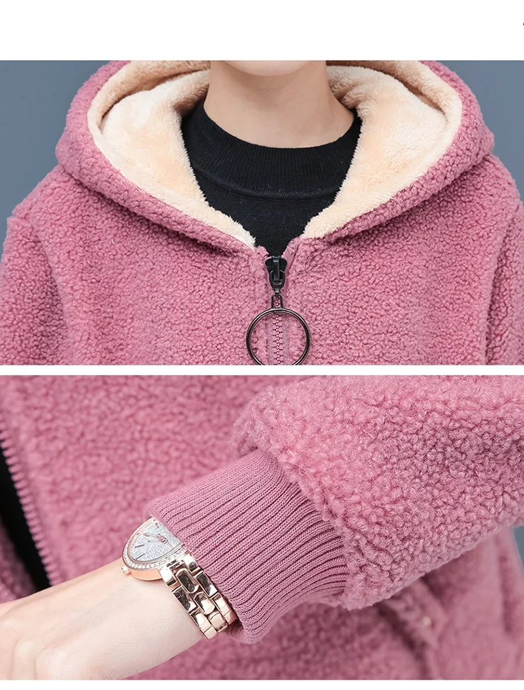 

Large size clothing Lamb wool coat Autumn Winter New Plus velvet Plush famale jacket Hooded Tops Long sleeve short Ladies coats