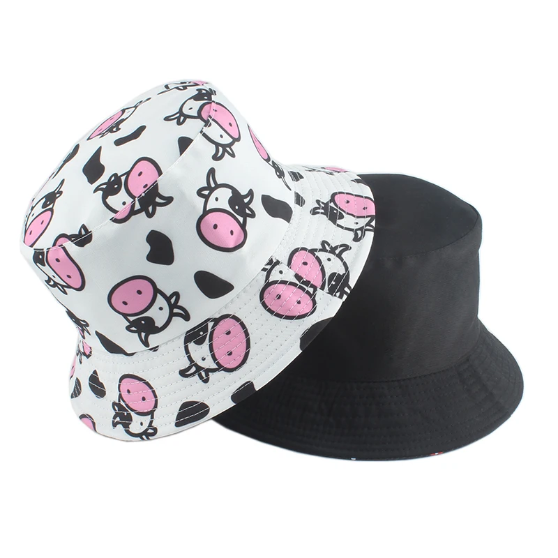 

2021 New Cow Print Cute Bucket Hat Reversible Sunscreen Fisherman Hat Summer Panama Sun Hats For Women Men Hip Hop gorro