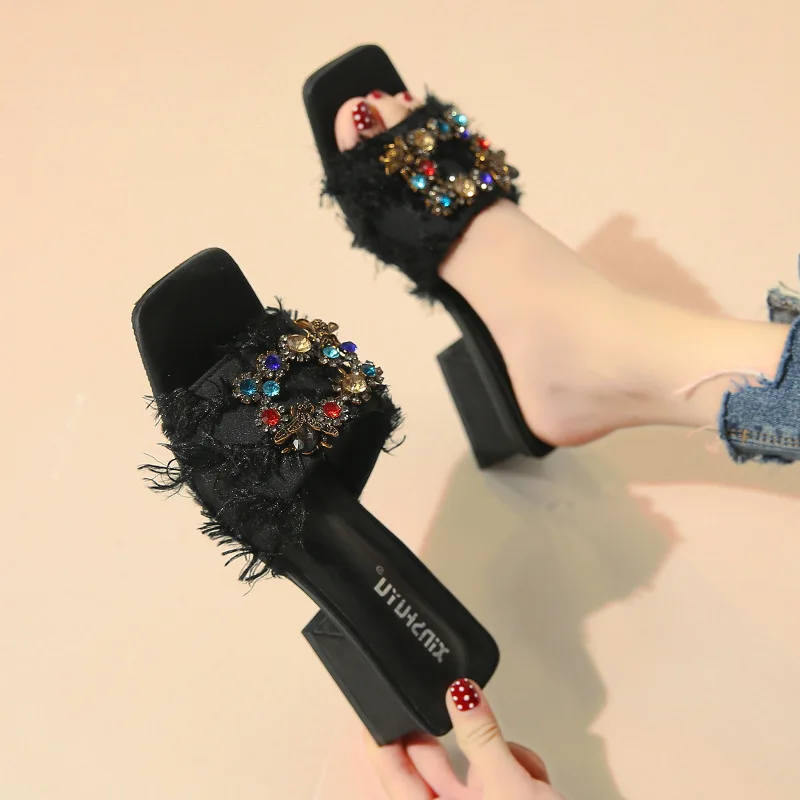 

Koovan Women's Slipper High Heel 2020 Summer New Surest Square Slippers Female Women Casual Wild Increased Color Rhinestone