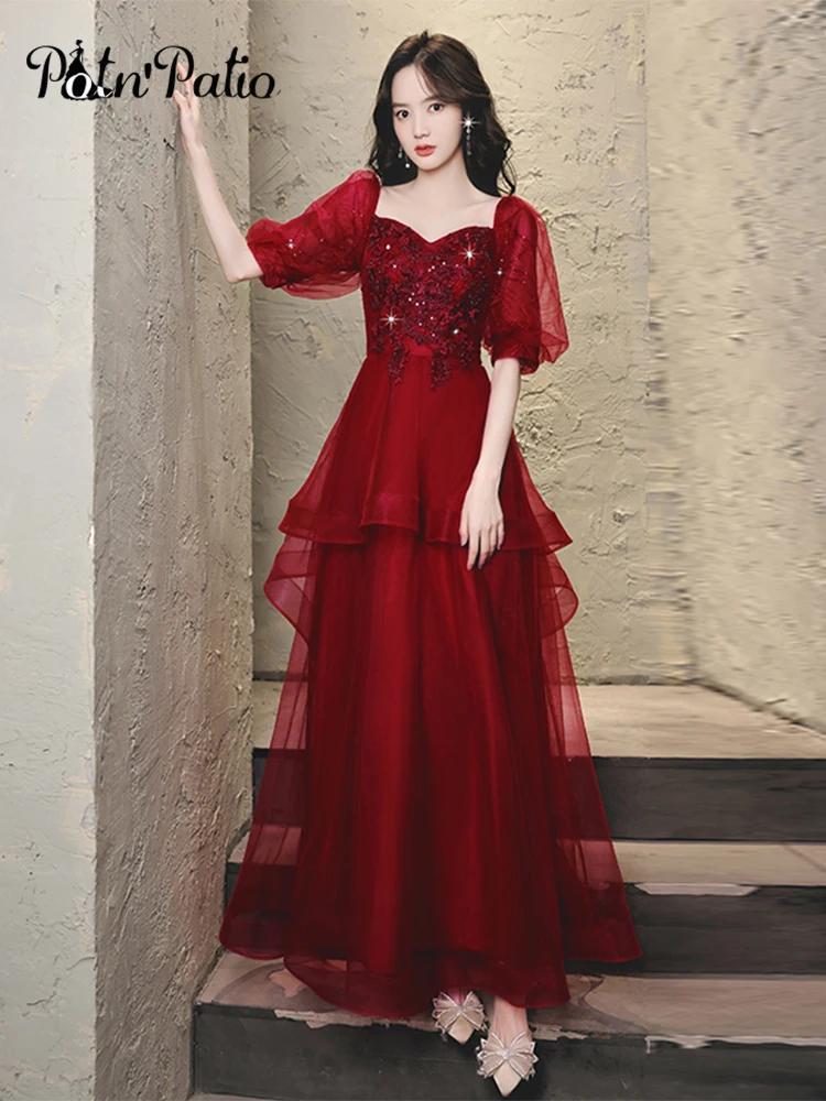 

Wine Red Long Prom Dresses 2021 Sweetheart A-Line Floor-Length Tiered Tulle Luxury Appliques Women Formal Gowns