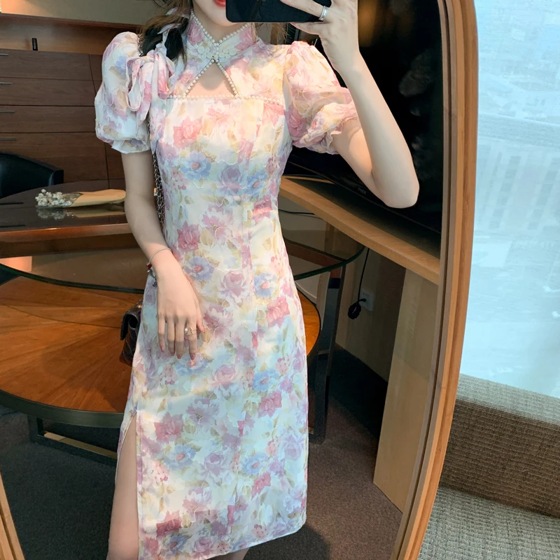 

Film modified cheongsam dress female temperament of summer in the new show thin floral chiffon dress