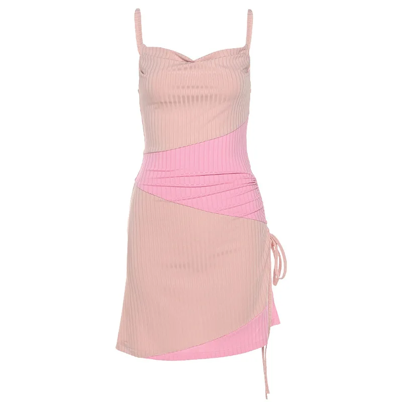 

Sexy Pink Summer Dress Mini Strap Dress Robe Women Femme Party Backless Split Hip Slash Neck Aesthetic Korean Fashion Clothing
