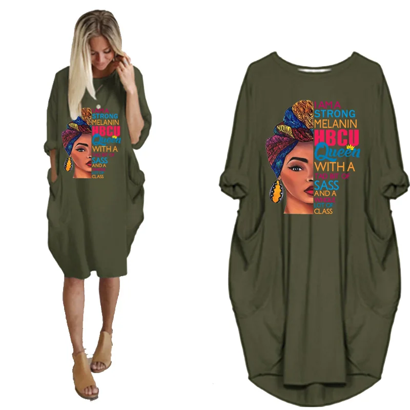 Autumn New Fashion African Dress For Women Pocket Black Beatiful Letters Print T Shirt Dresses 2021 Plus Size Midi Robe Femme
