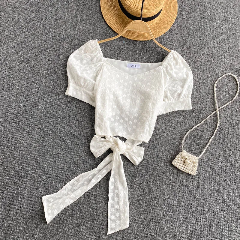 

Girl's Fashionable Puff Sleeve Top 2021 New Women's Design Sense Lace-up Waist-Controlled Slimming and Short Embroidered Blouse