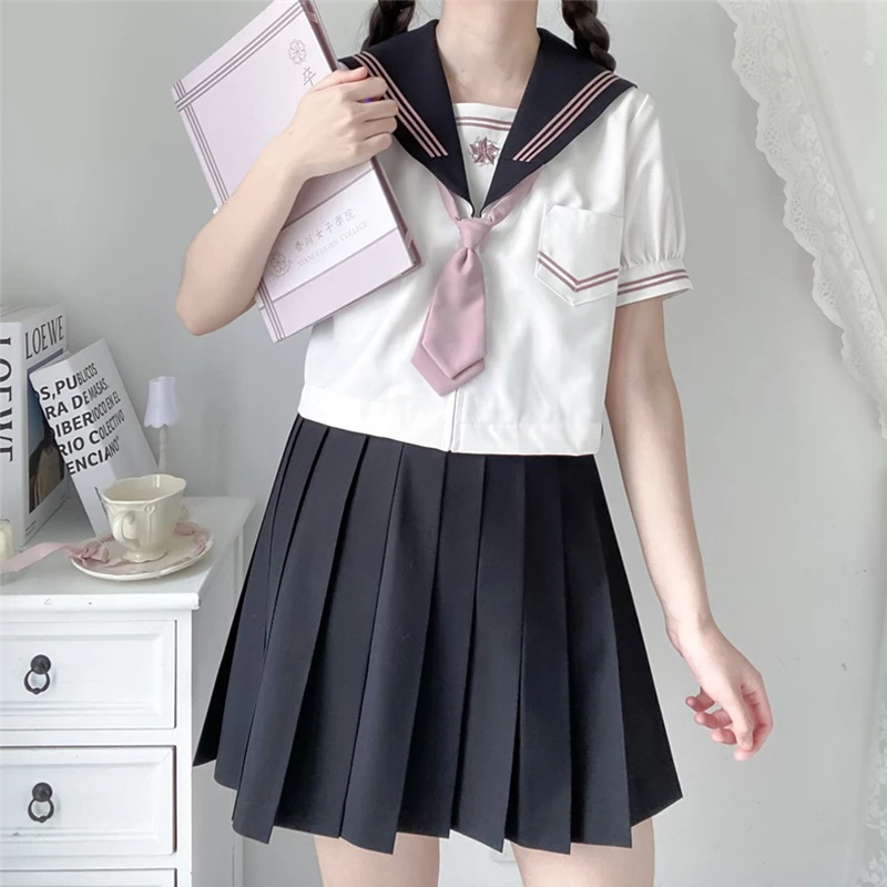 

[Ying Chuan zhong] Summer Navy Sailor Suit With Flower Embroidery Women JK High School Uniform Class Students Cloths Top Skirt