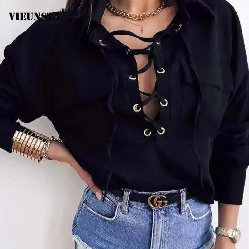 

2021 модные крутые бандажные блузки с V-образным вырезом, топы, женские элегантные однотонные дизайнерские рубашки с длинным рукавом, повседн...