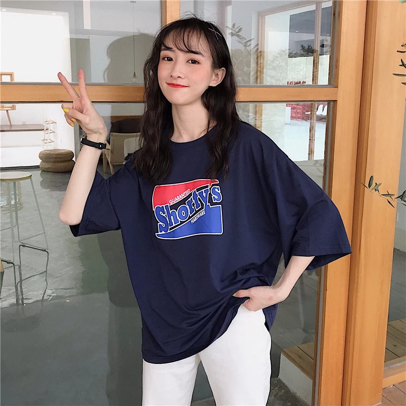 navy blue 948 Женские футболки с принтом в Корейском стиле, универсальные трендовые простые женские повседневные футболки с коротким рукавом, высокое качество,, Harajuku Новинка - Цвет: navy blue 948