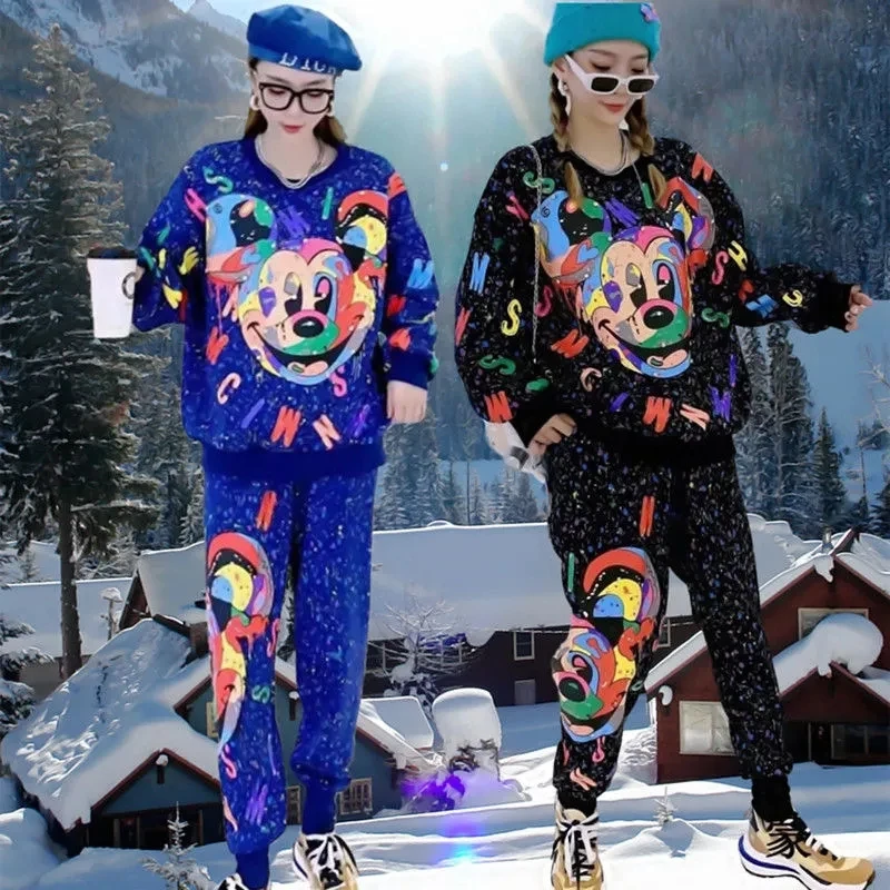 

2022 New Women Sportswear Hooded Collar Graffiti Print Two Piece Pants Set Outfits Casual Sweatpants Set Cute Clother