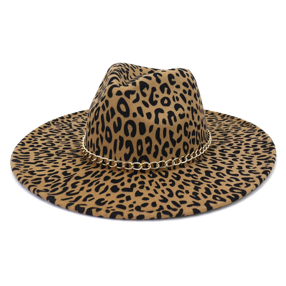 

9.5CM big brimmed hat with leopard print fedora hat for women autumn and winter new hat British retro Panama woolen hat