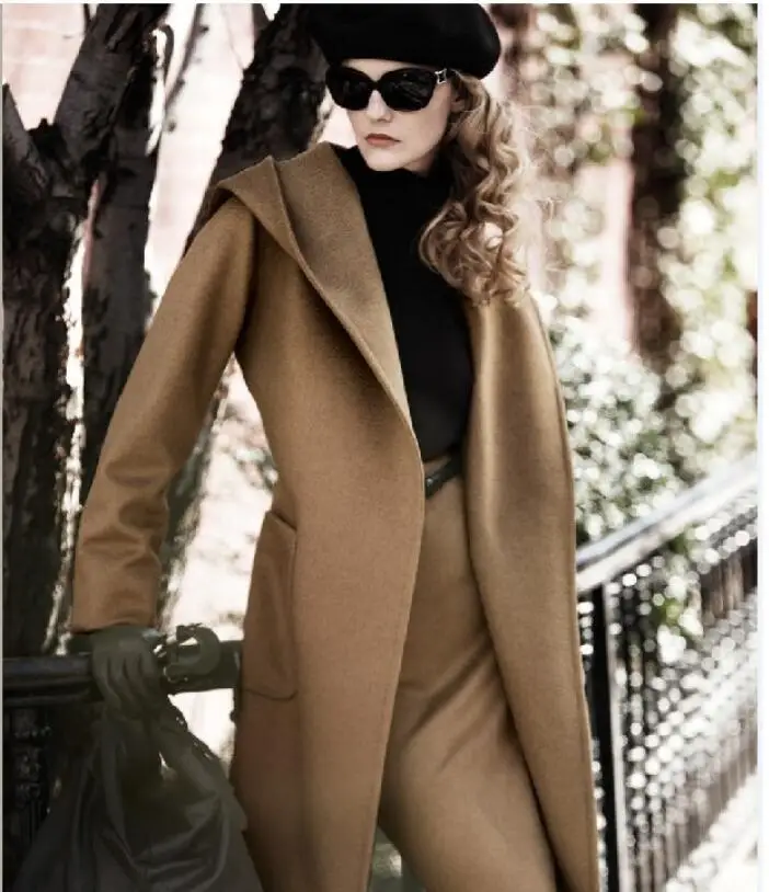 

Autumn Winter Fashion Cloth Coat Pure Color Hooded Leisure Big Yards Women High-end Wool Medium Long Slim Coat