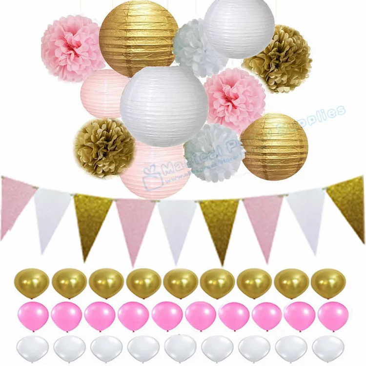 

2 Sets White Pink Gold Tissue Pom Poms Flowers Paper Lanterns Bridal Shower Wedding Ball Gender Reveal Party Supplies Decoration