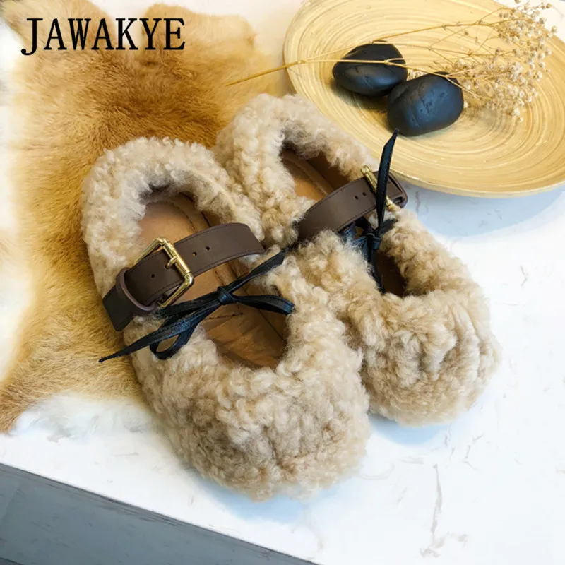 JAWAKYE новая зимняя одежда из шерсти на плоской подошве с мехом; туфли с ремешком на лодыжке, женские Балетки с круглым носком; туфли на плоской подошве, платформа, вьющиеся мех ягненка; лоферы; обувь; zapatos mujer