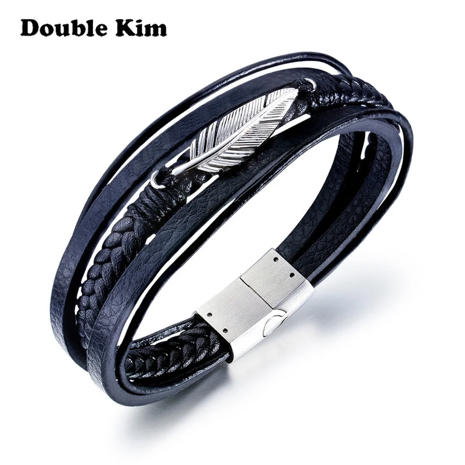 Классический винтажный Многослойный кожаный браслет с листьями перьями мужской