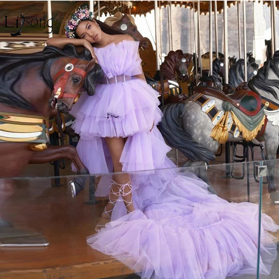 Женское платье для выпускного Pretty длинное пачка из лавандового тюля с оборками