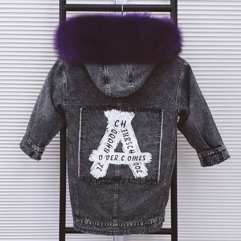 Grey Purple Зимнее Детское пальто с натуральным мехом Длинные парки для девочек и мальчиков теплая Плотная джинсовая куртка с капюшоном и отстегивающимся кроличьим мехом - Цвет: Grey Purple