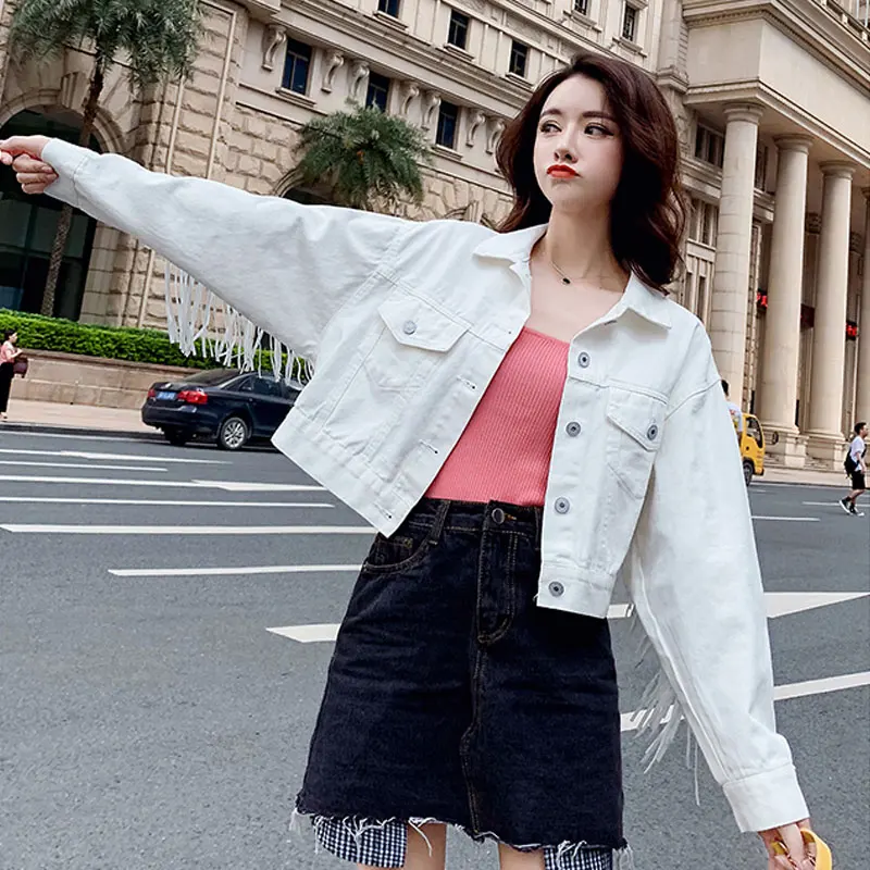 Женские джинсовые короткие куртки с кисточками осенние модные топы Женская