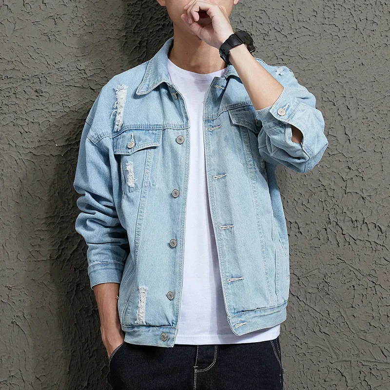 

Ripped Denim Mens Jacket Distressed Korean Style Fashion Blue Couple Jacket Boys Loose Thin Long Sleeve Plus Size Coat 3xl Male