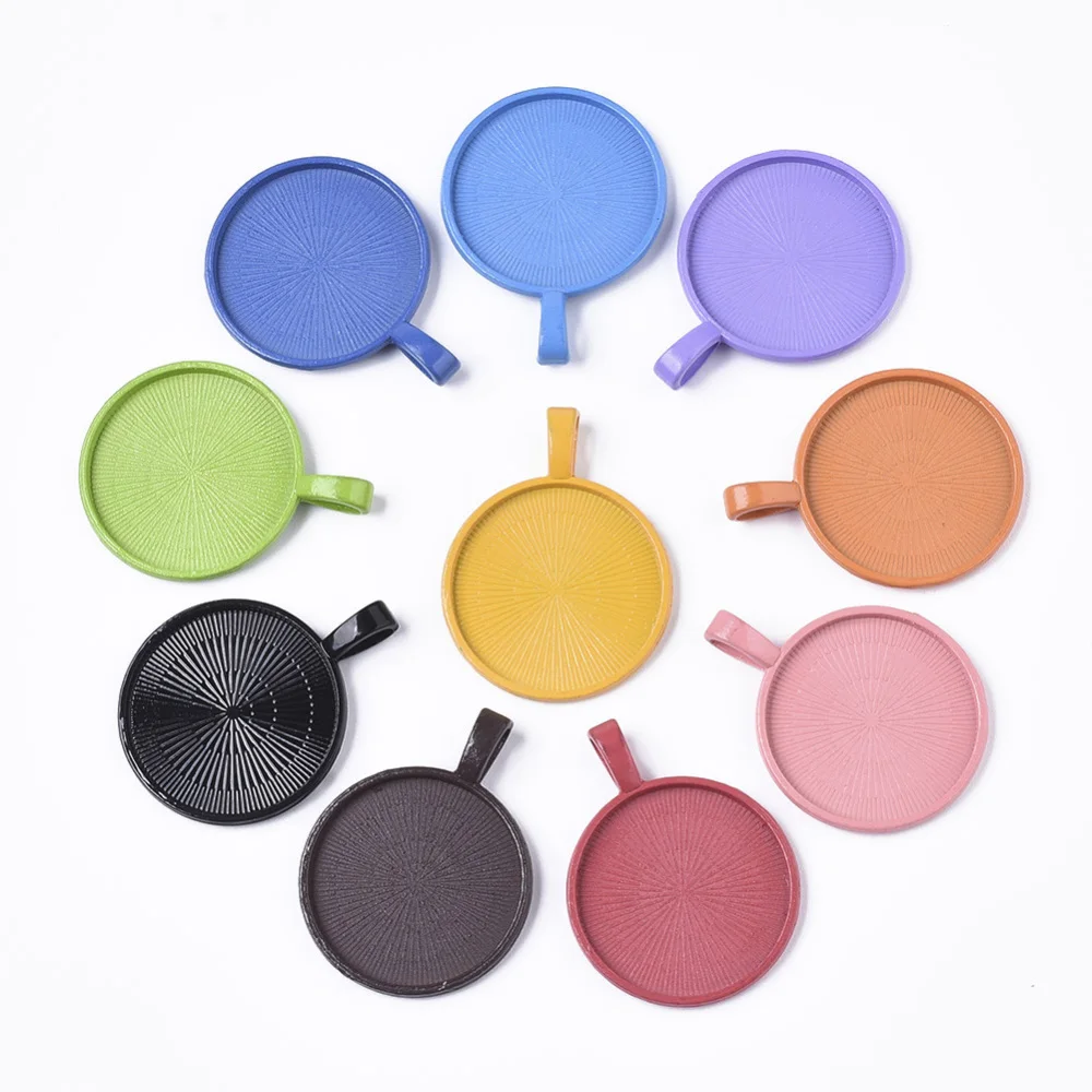 

20pcs/bag 25mm Flat Round Pendants Cabochon Base Mixed Color Spray Paint Alloy Blank Tray Settings for Jewelry Making Supplies