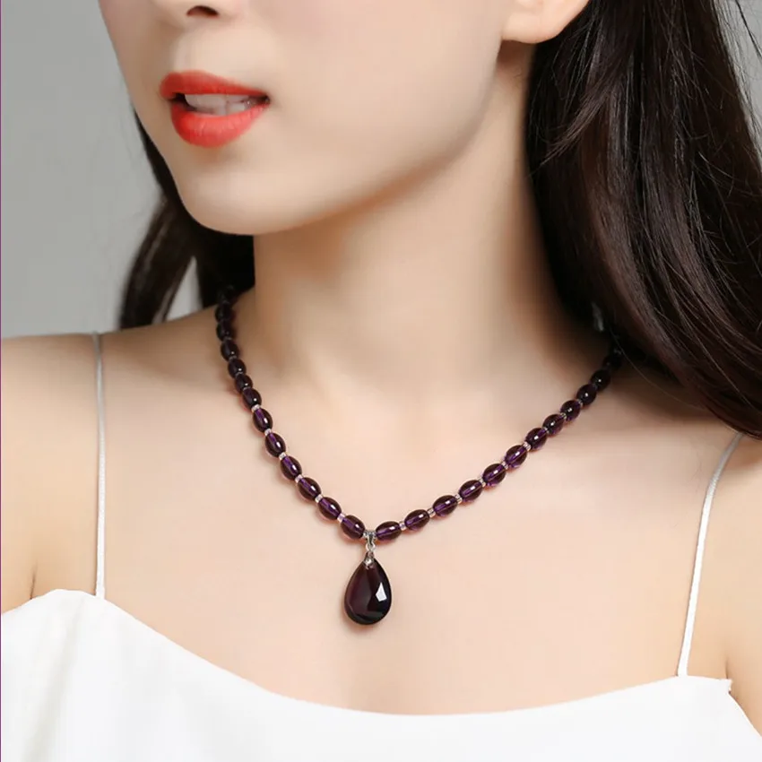 

Silver Plated Water Drop Natural Purple Amethysts Crystal Pendant Beads Chain Necklace for Elegant Women Jewelry