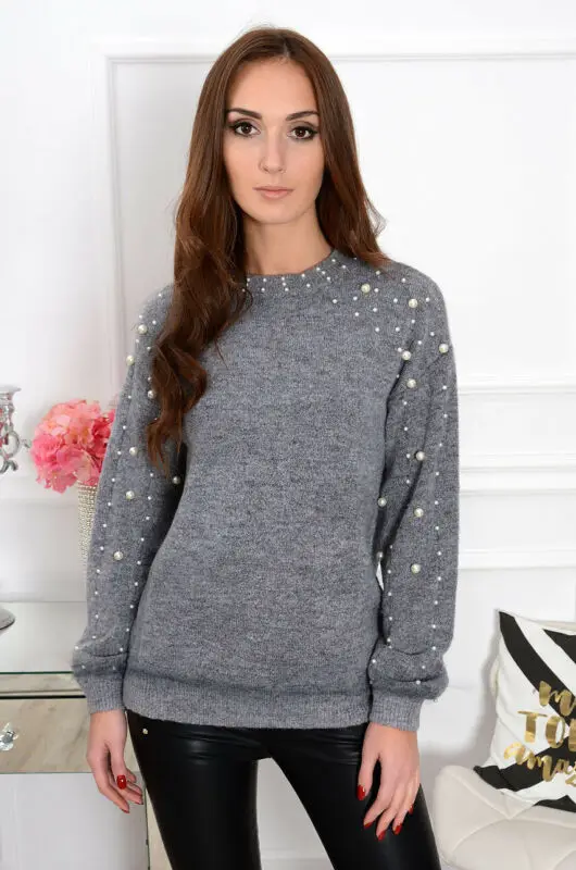 Women Knitted Solid Round Neck Pearl Oversized Loose Sweater Crew Cashmere Jumper Ladies Winter knit Long Pullover Tops | Женская одежда