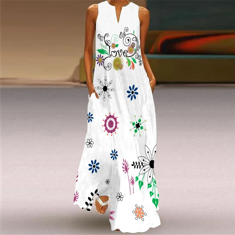 

Sexy Female Summer Retro Digital Print Dress 2021 Casual Floral Loose Maxi Dress Female Plus Size Sleeveless Pocket Dresses