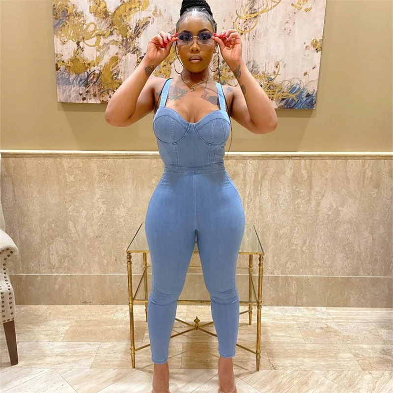 

Bodycon Denim Jumpsuit Women Summer Clothes Suspender Elastic One Piece Overalls Bodysuit Backless Long Romper Combinaison Femme