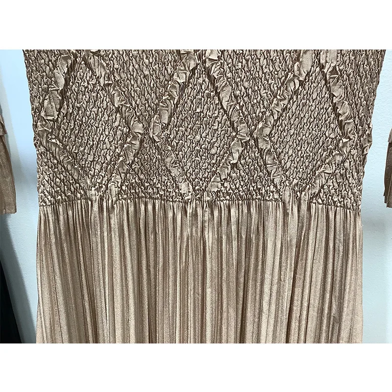 

Stretch Dress For Women 45-75kg 2020 Spring Summer Plus Size Miyake Pleated Round Neck Three Quarter Sleeves Slim Pleated Dress