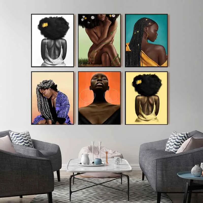 

Fashion Black Girl Poster and Print Wall Art Pictures Canvas Painting Afrocentric Female Portrait For Living Room Home Deco