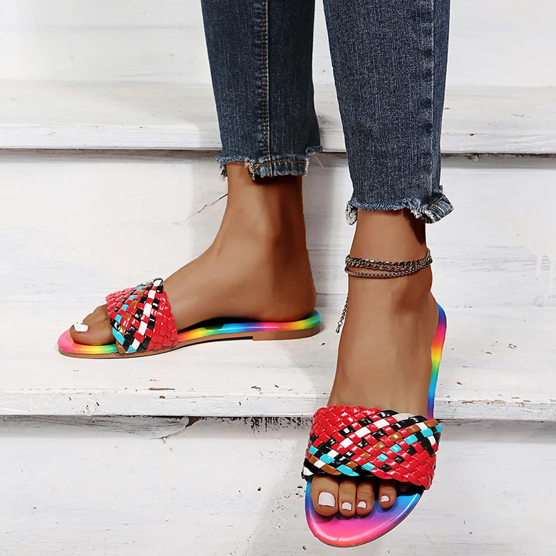 

2021 New Summer Ladies Fashion Woven Sandals Candy Color Comfortable Flat Shoes Slippers Casual Home Shoes Ladies Beach Shoes