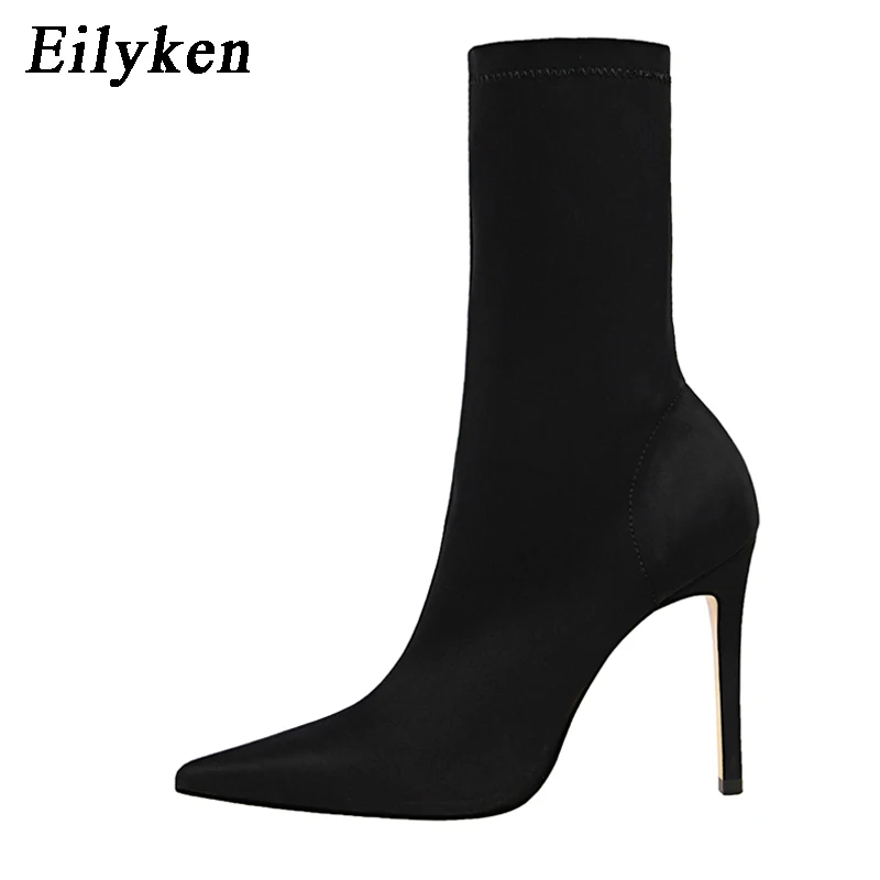 Black Eilyken/удобные Стрейчевые женские сапоги-носки; ботильоны на высоком квадратном каблуке; модная Осенняя растягивающаяся обувь с острым носком; Цвет Черный; большие размеры - Цвет: Black